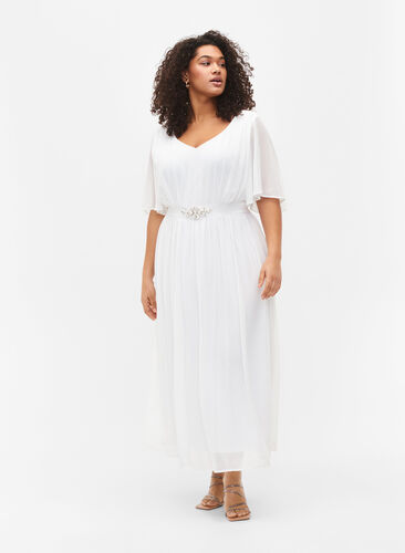 Dluga sukienka z plisami i krótkimi rekawkami, Bright White, Model image number 0