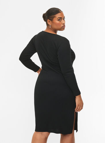 Dopasowana sukienka z dlugimi rekawami i rozcieciem, Black, Model image number 1