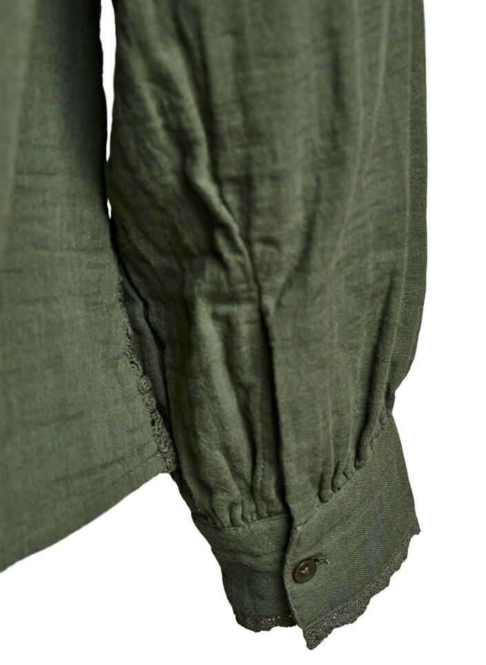 Bawelniana muslinowa bluzka koszulowa z szydelkowymi detalami, Zielony, Packshot image number 3