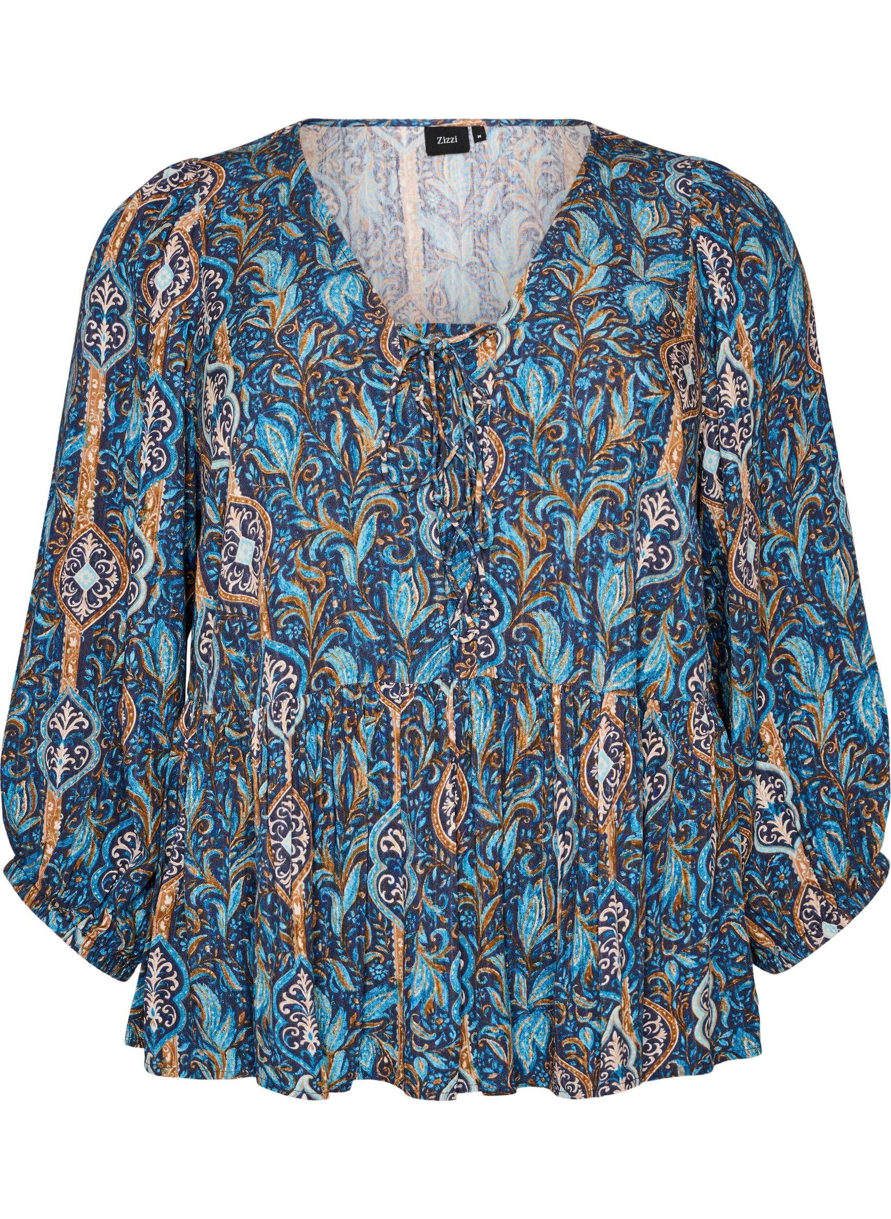 ZizziBluzka z nadrukiem w stylu paisley i koronkowym detalem, Niebieskie, Packshot image number 0