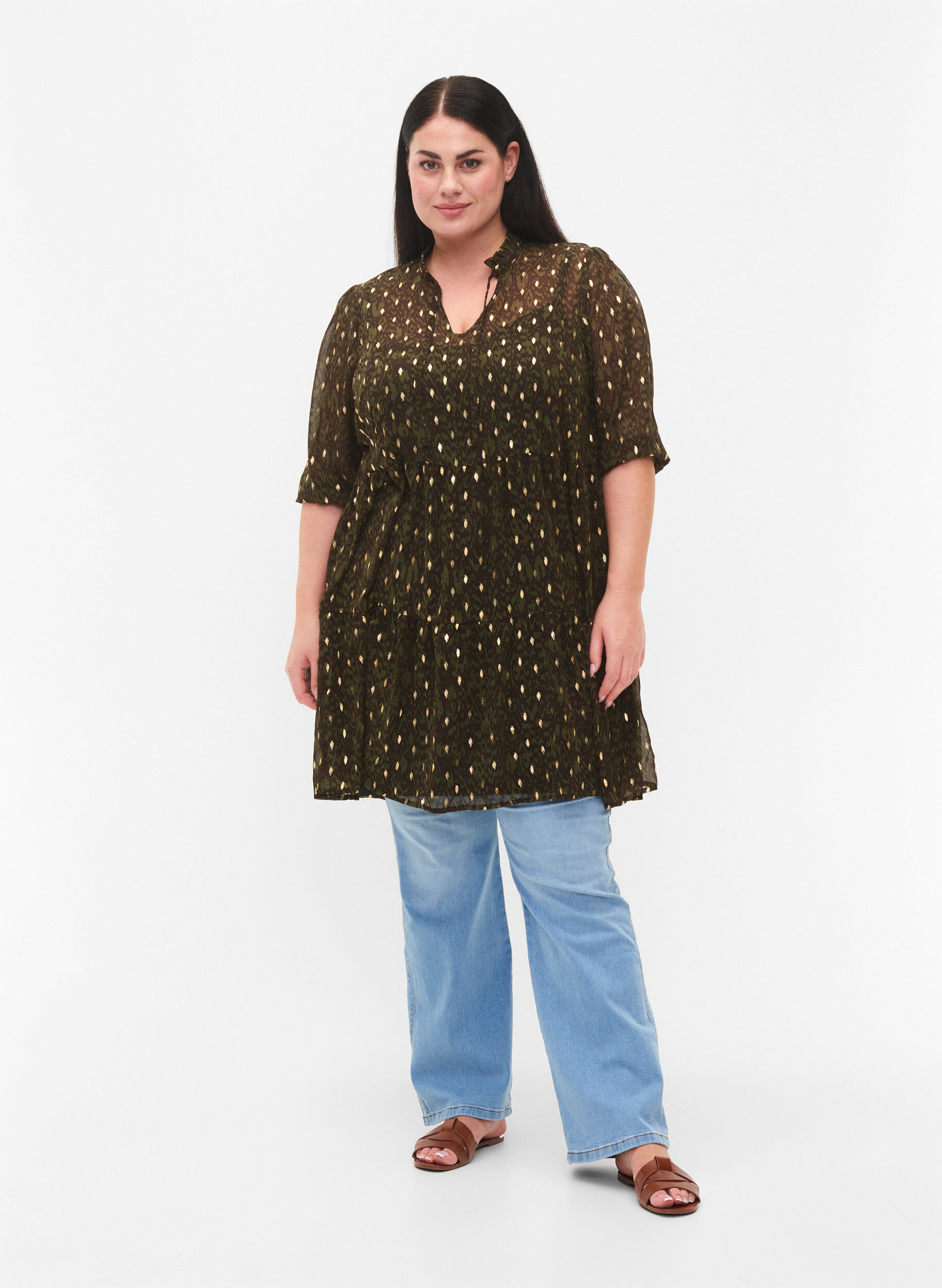 Zizzi Tunika z nadrukiem i lureksem, Green Ethnic AOP, Model image number 2