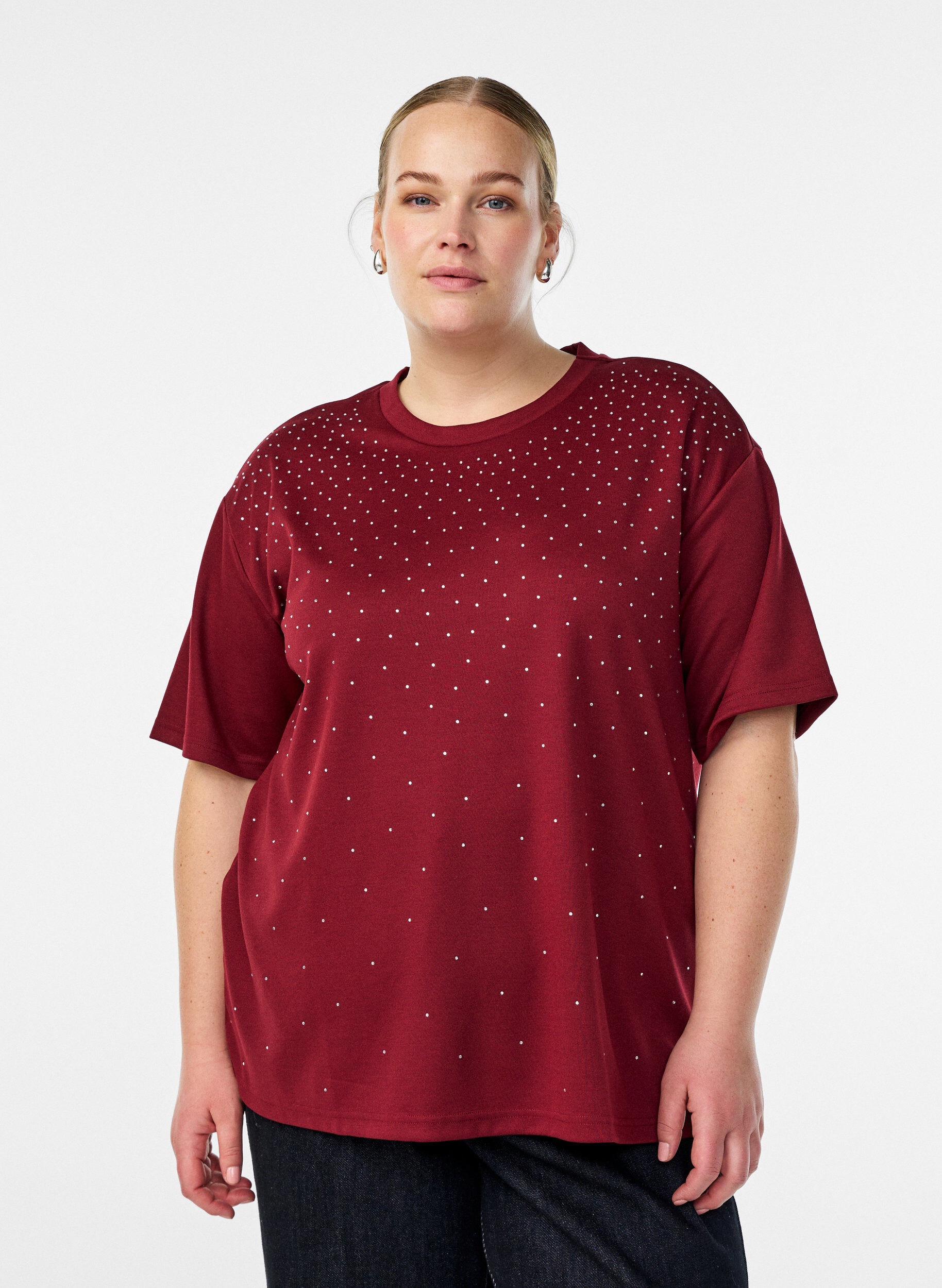 ZizziT-shirt z krysztalkami i okraglym dekoltem, Ciemnobordowy, Model image number 0