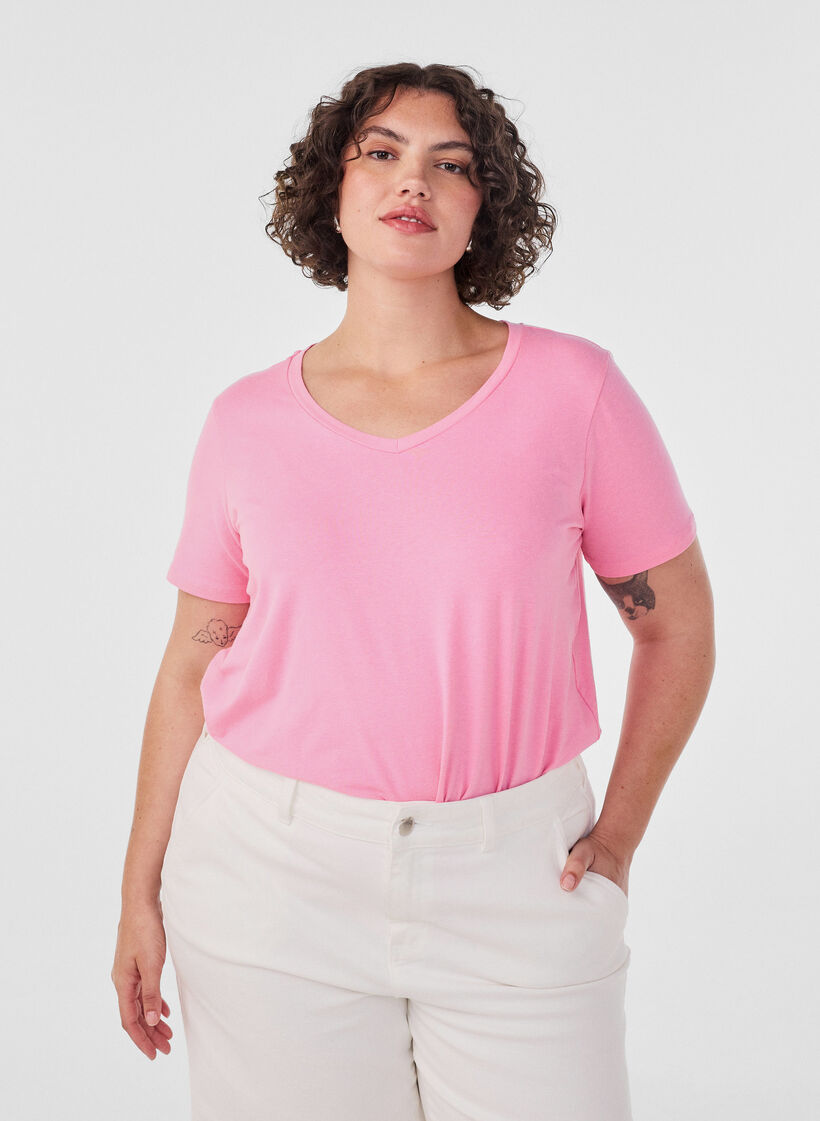 Podstawowa, gladka bawelniana koszulka, R&oacute;żowy, Model image number 0