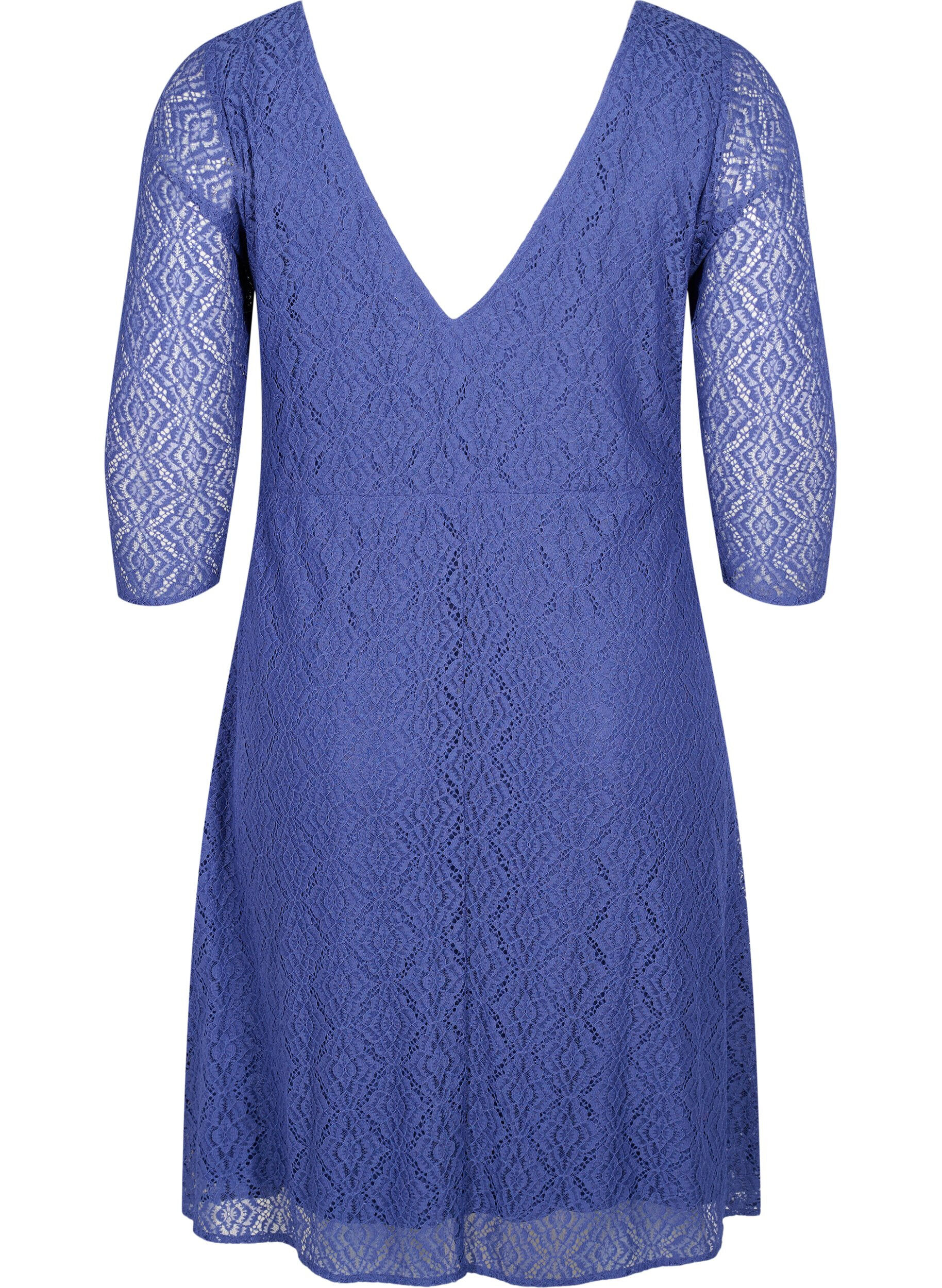 Zizzi V-neck lace dress with 3/4 sleeves, Blue, Packshot image number 1