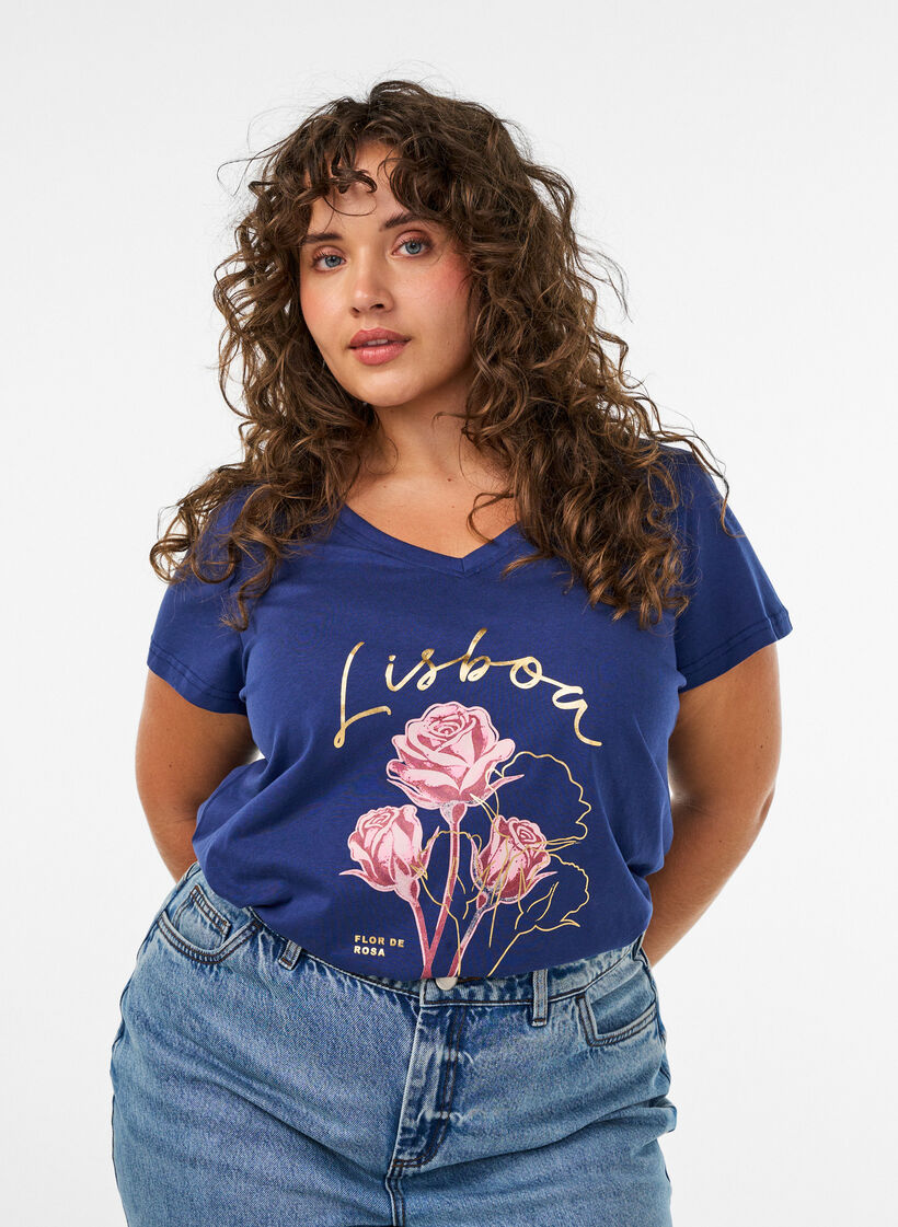 Bawelniany T-shirt z nadrukiem z przodu i dekoltem w serek, Niebieskie, Model image number 0