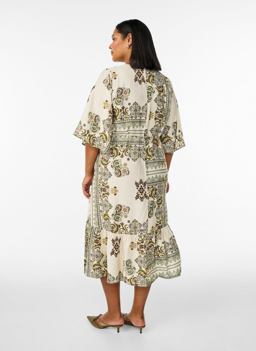 Sukienka midi z wiskozy w krate z paskiem do wiazania, Zielony, Model image number 1