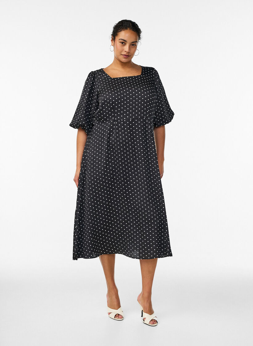 Sukienka midi Polka dot w kolorze ecru z kwadratowym dekoltem, Czarne, Model image number 0