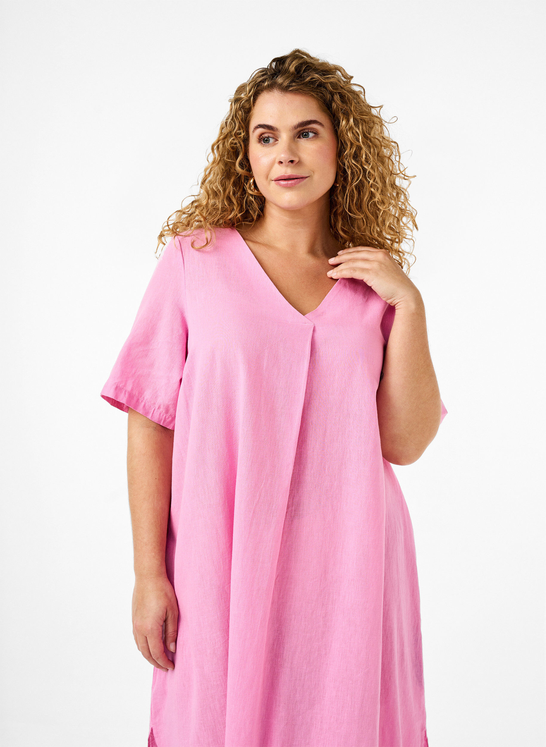 Zizzi Bawelniana sukienka typu kaftan z domieszka lnu, R&oacute;żowy, Model image number 2