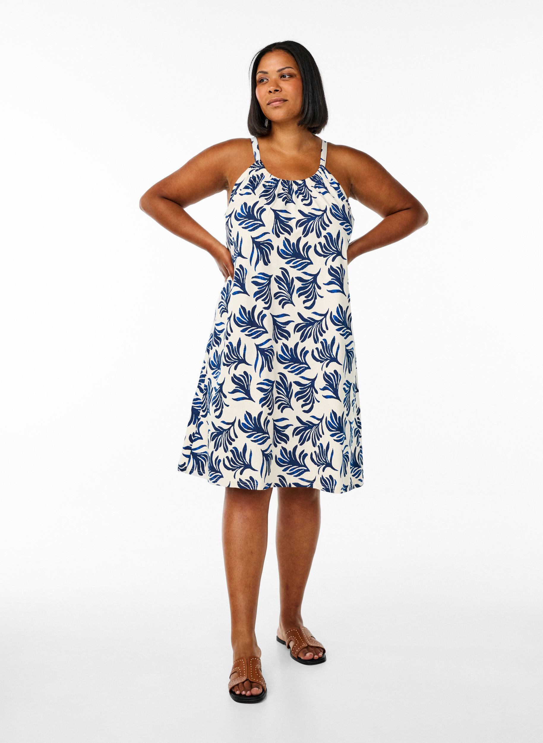 ZizziSukienka midi na ramiaczkach z organicznej bawelny, Biały, Model image number 1