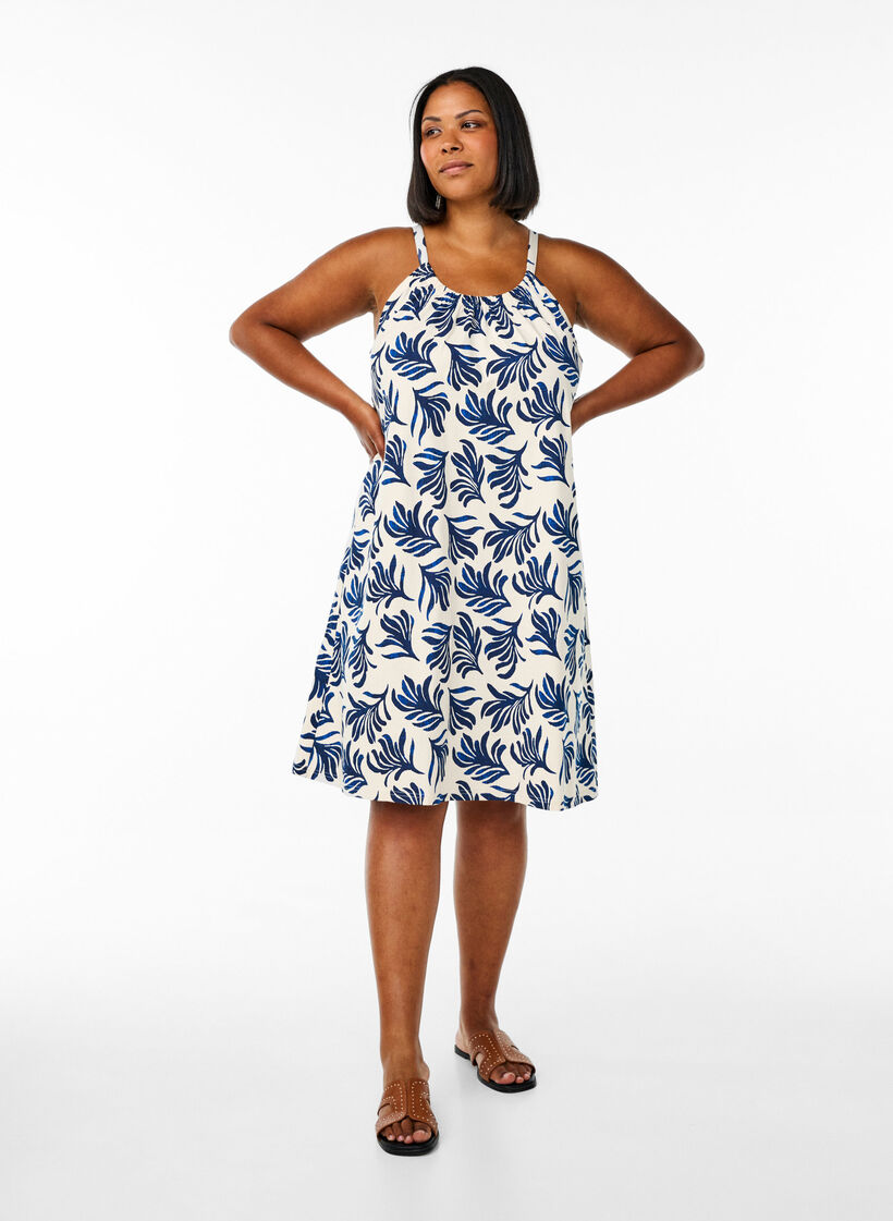 Sukienka midi na ramiaczkach z organicznej bawelny, Biały, Model image number 1