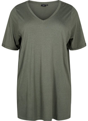 Jednokolorowa koszulka typu oversize z dekoltem w szpic, Thyme, Packshot image number 0