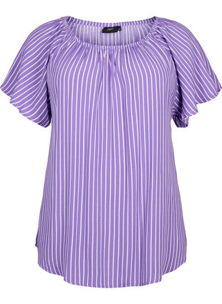 Gladka wiskozowa bluzka z krótkim rekawem, Deep L./White Stripe, Packshot image number 0