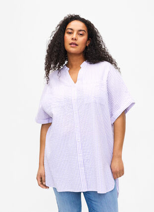 Koszula w paski z kieszeniami na piersi, White/LavenderStripe, Model image number 0