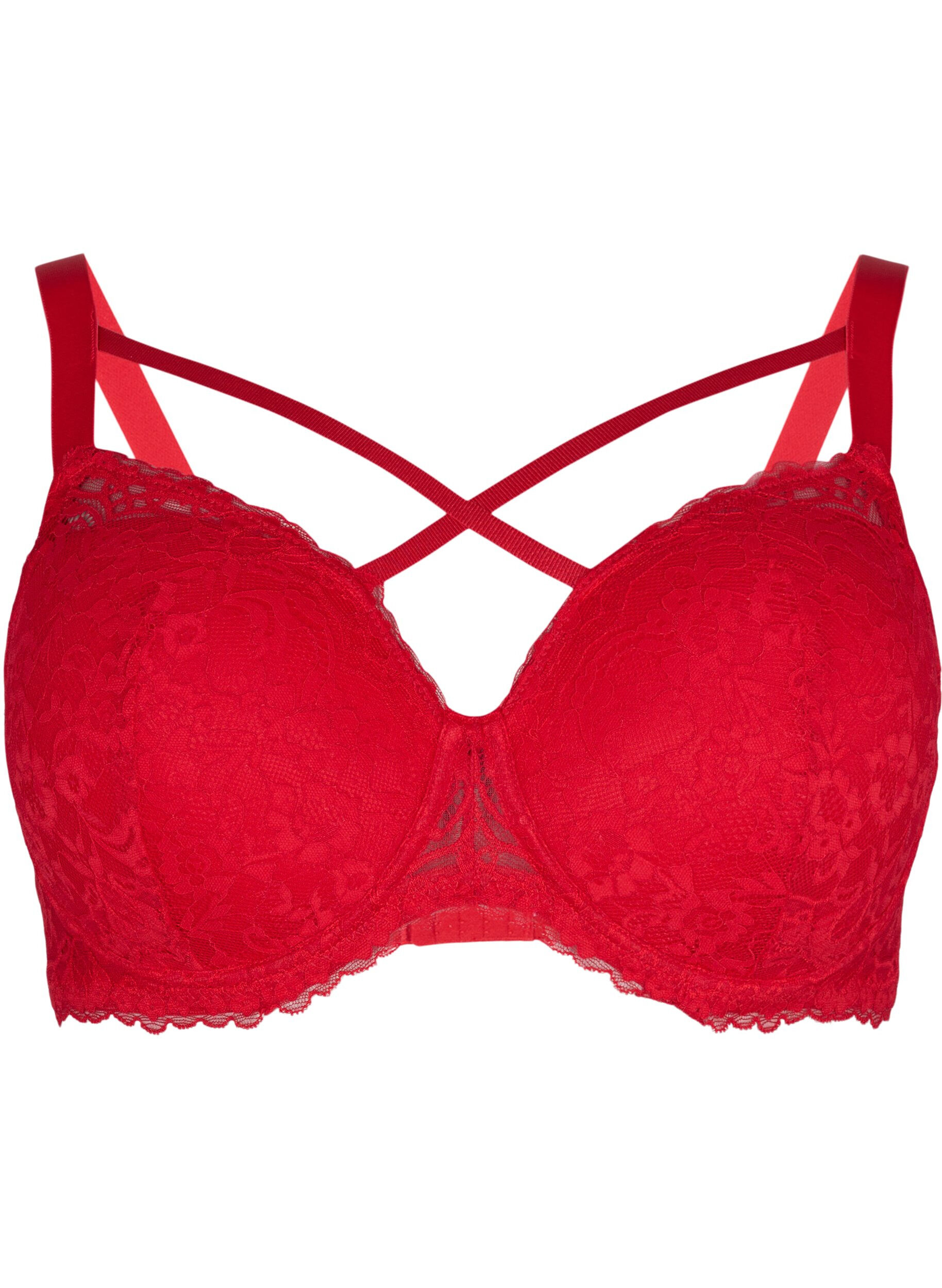 Zizzi Padded bra with lace and cross detail, Red Ass., Packshot image number 0