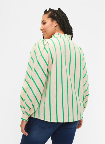 Bawelniana bluzka koszulowa w paski z kolnierzykiem z falbanami, Beige Green Stripe, Model image number 1
