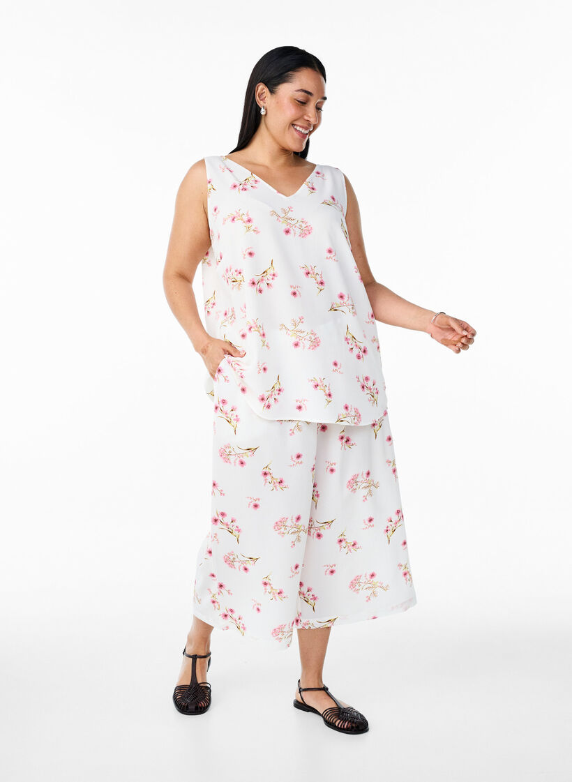 Wzorzysty top z dekoltem w serek, Biały, Model image number 1