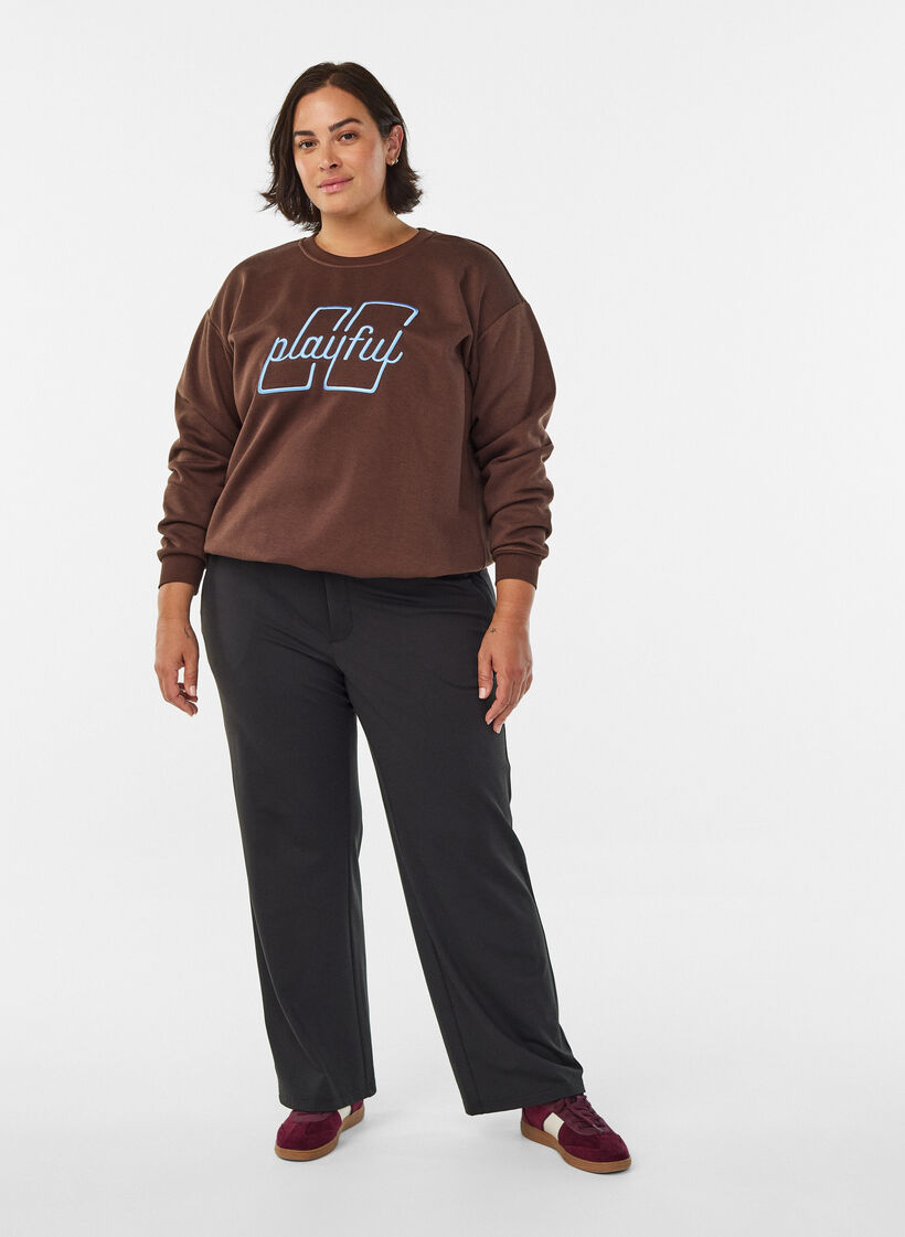 Bluza z wyszywanym tekstem, Brązowy, Model image number 1