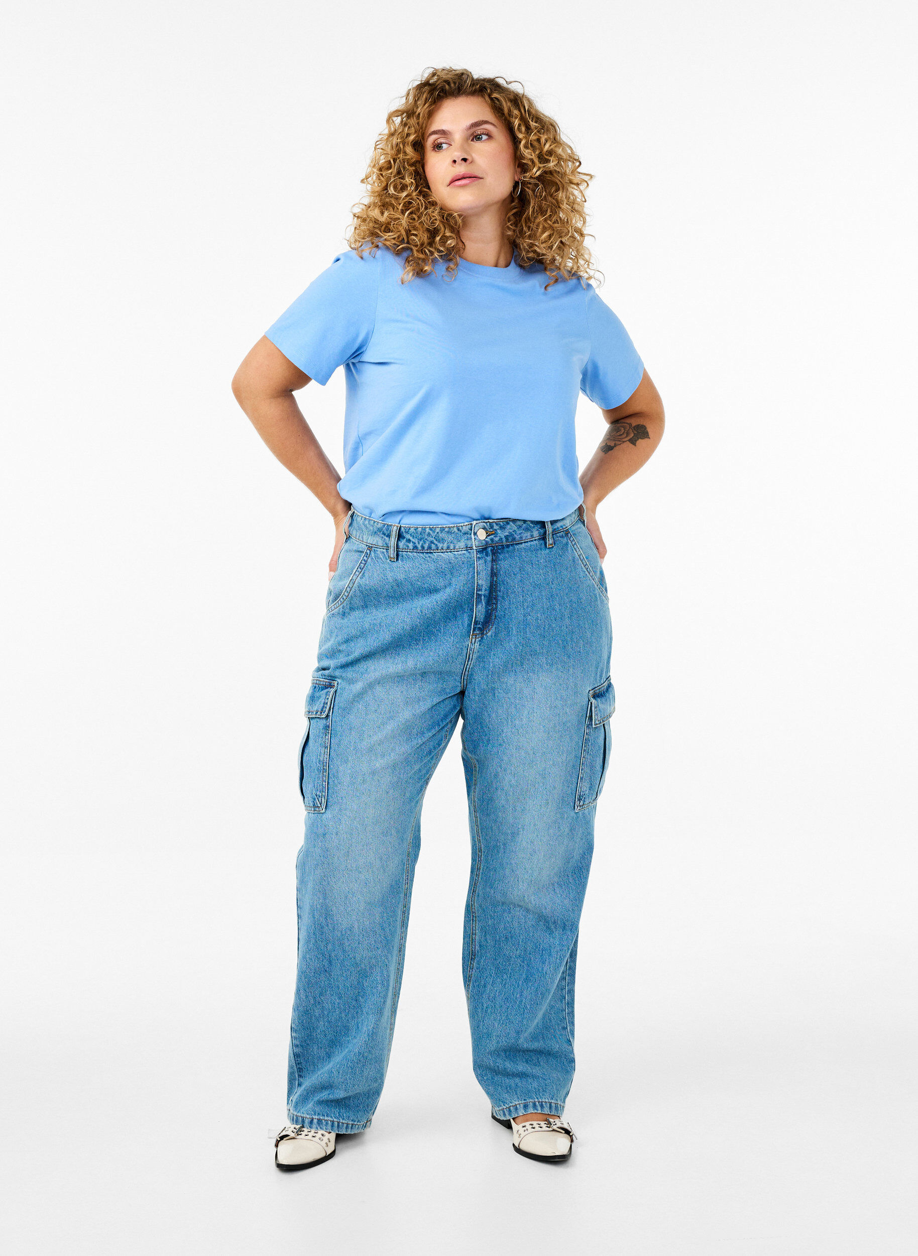ZizziPodstawowa koszulka bawelniana z okraglym dekoltem, Niebieskie, Model image number 1