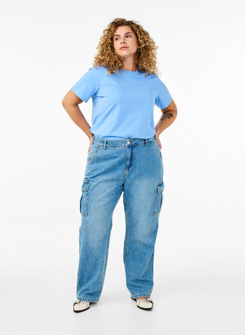 Podstawowa koszulka bawelniana z okraglym dekoltem, Niebieskie, Model image number 1