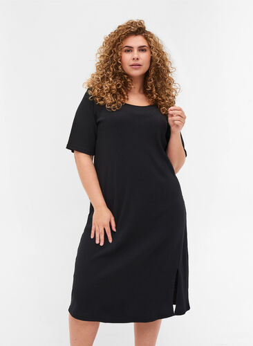 Short-sleeved dress in a ribbed fabric , Black, Model image number 0