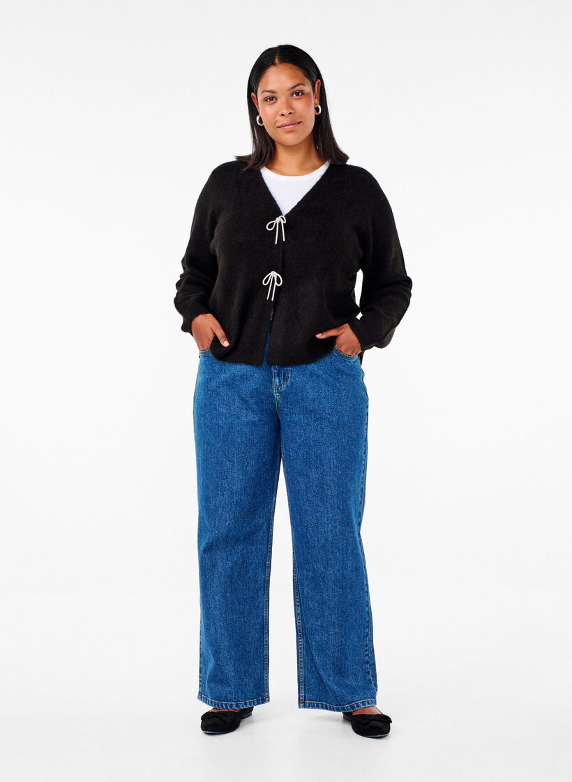 Dzianinowy kardigan ze srebrna kokardka, Black, Model image number 3