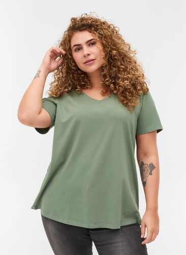 Koszulka typu basic z dekoltem w serek, Agave Green, Model image number 0