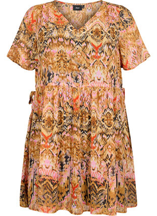 Krótka sukienka z dekoltem w szpic i nadrukiem, Colorful Ethnic, Packshot image number 0