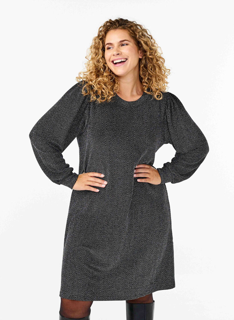 Sukienka w zygzakowaty wzór z brokatem, Silver ZigZagShimmer, Model image number 0