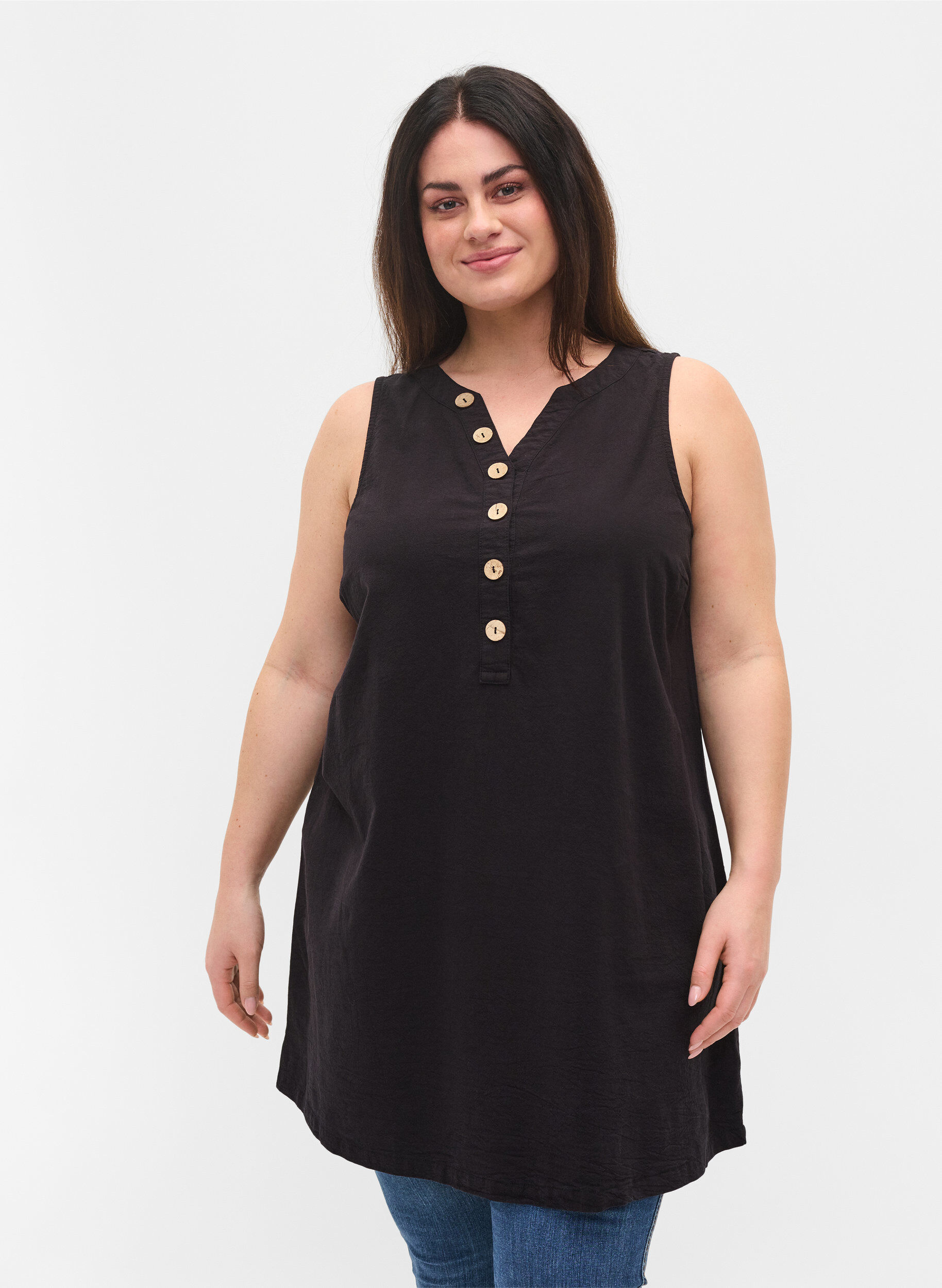 Zizzi Sleeveless cotton tunic with buttons, Black, Model image number 0