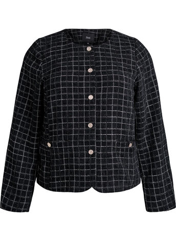 Krótki zakiet bouclé w kratke z okraglym dekoltem, Czarne, Model