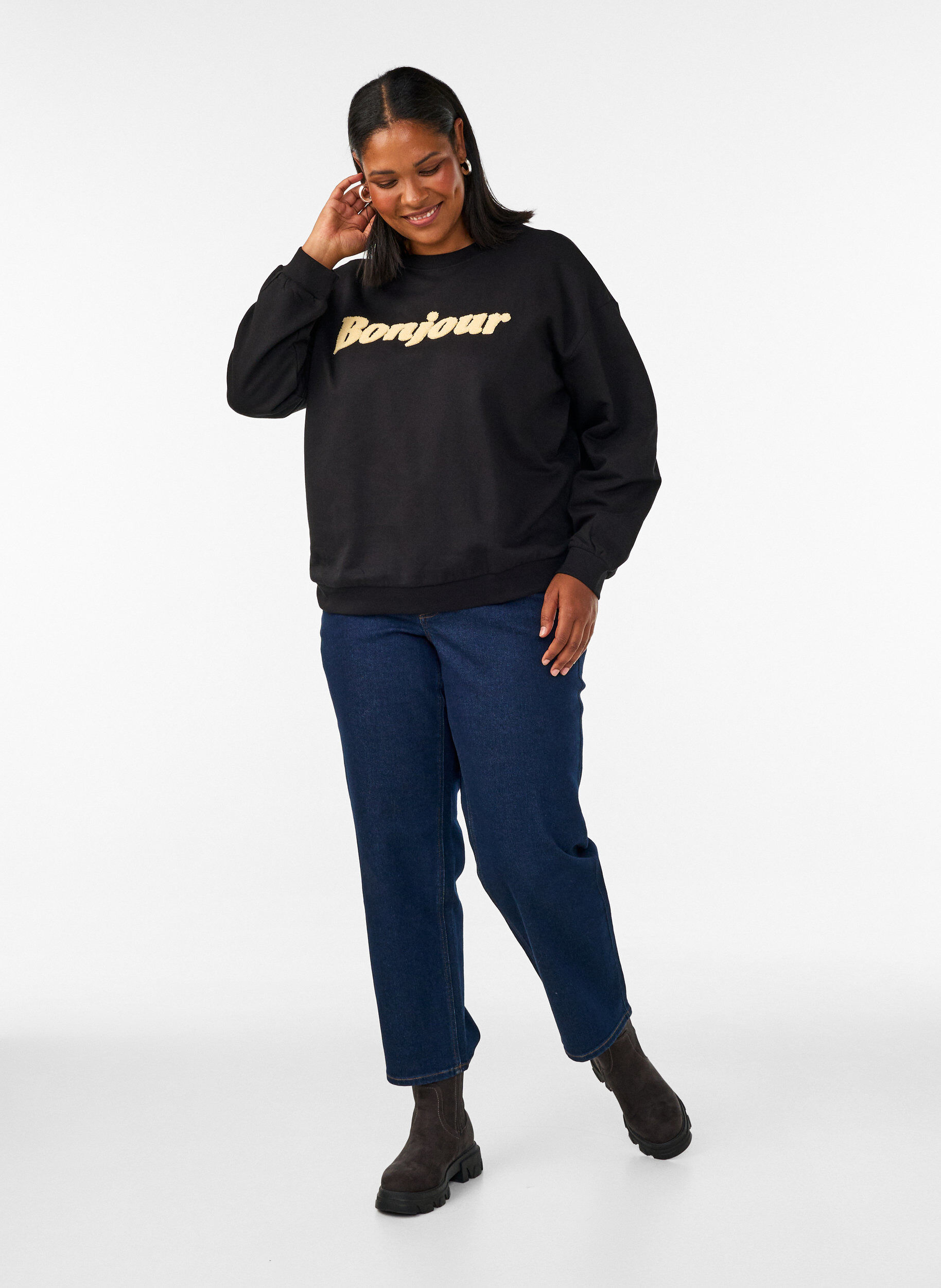 ZizziBluza z napisem boucl&eacute;, Czarne, Model image number 1