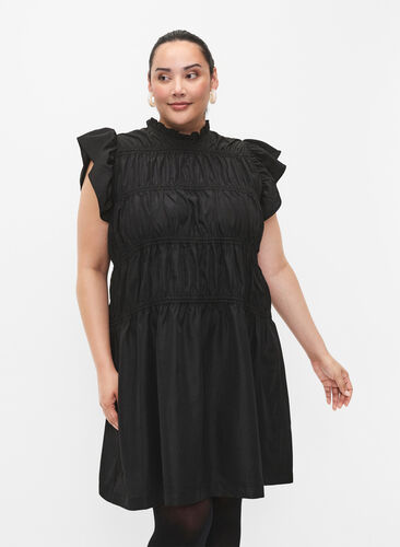 Sukienka z falbanami i elastycznymi odcieciami, Black, Model image number 0