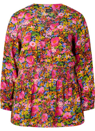 Kwiecista bluzka z wiskozy z marszczeniem, Neon Flower Print, Packshot image number 0