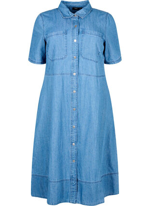 Jeansowa sukienka koszulowa z krótkim rekawem, Light Blue Denim, Packshot image number 0