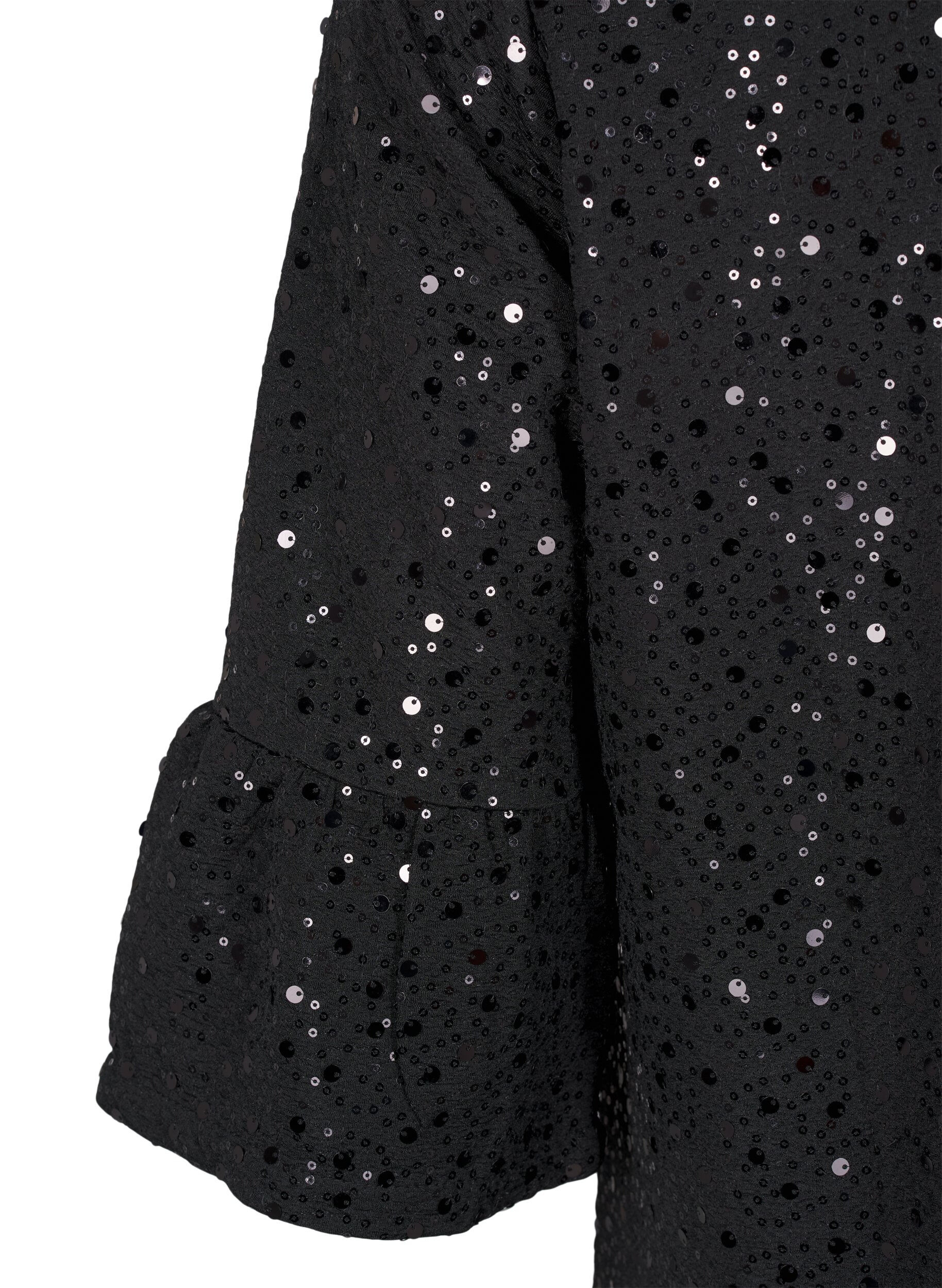 Zizzi Sukienka z cekinami, dekoltem w szpic i rekawami 3/4, Black w. Bl. Sequins, Packshot image number 3