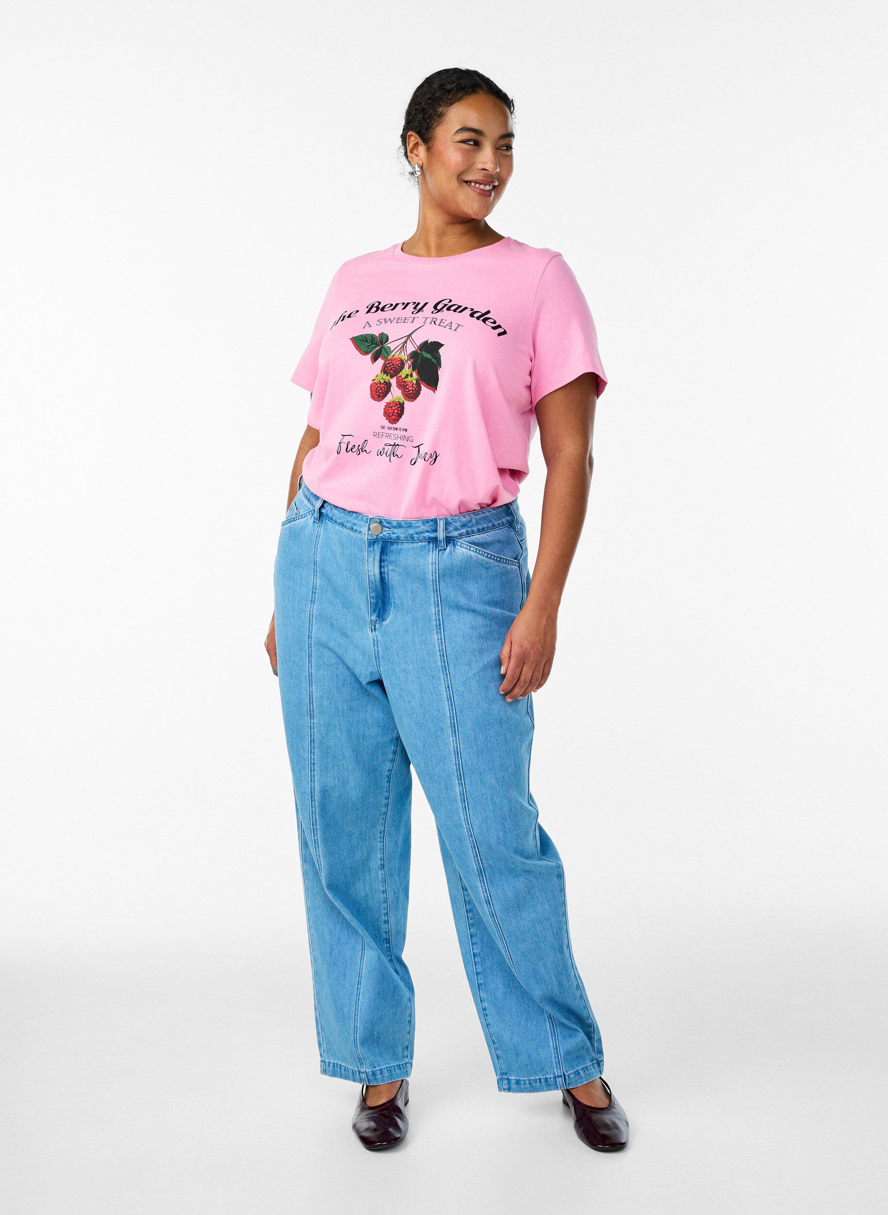 Zizzi Koszulka bawelniana z nadrukiem owoc&oacute;w i tekstem, R&oacute;żowy, Model image number 1