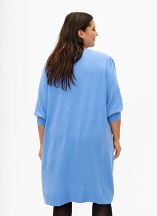 Dzianinowa sukienka z bufiastymi rekawami o dlugosci 3/4, Blue B. /White Mel., Model image number 1