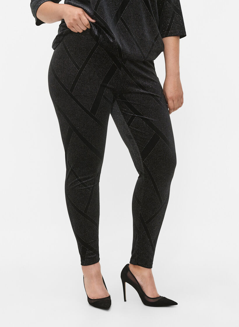 Welurowe legginsy z brokatem i wzorem, Czarne, Model image number 1