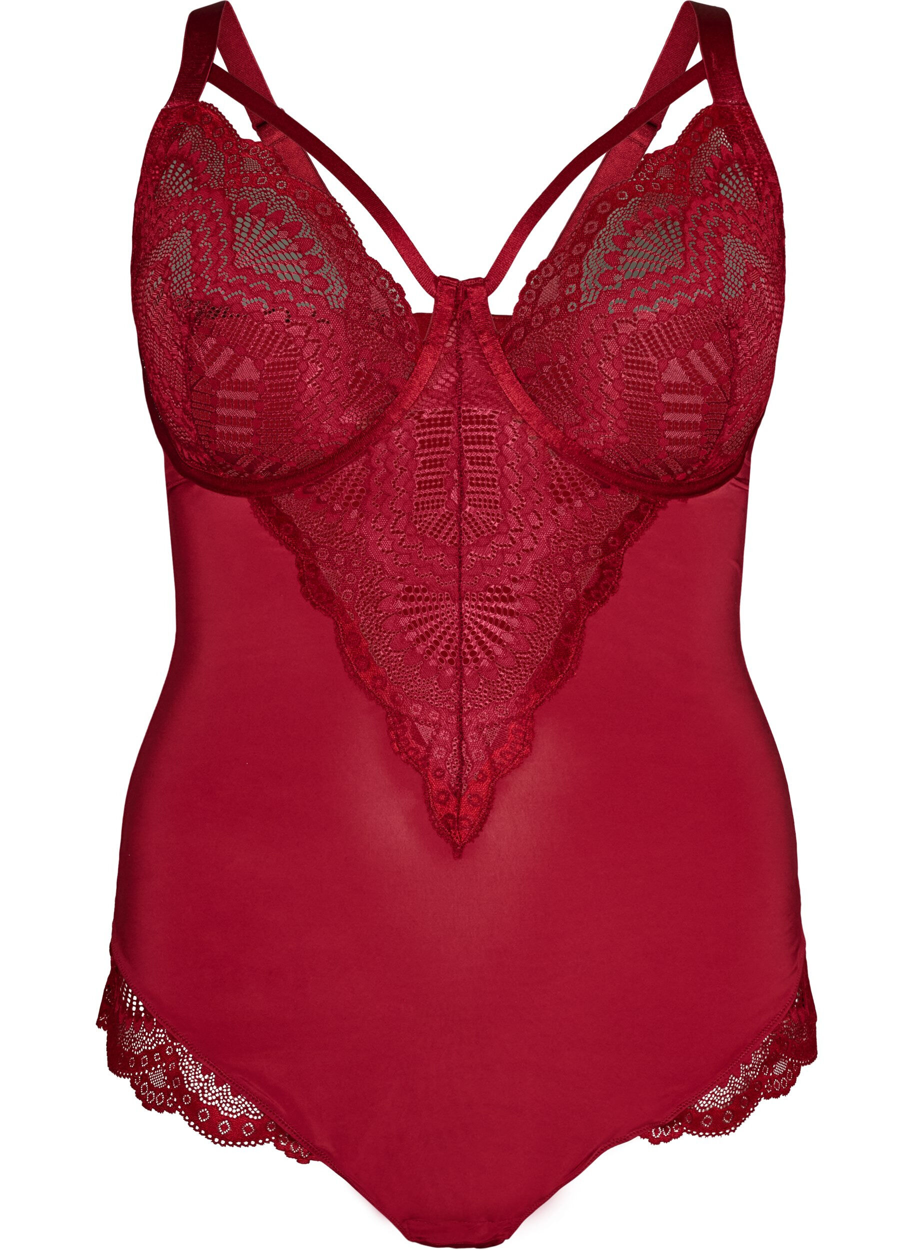 ZizziKoronkowe body z fiszbinami i ozdobnymi paseczkami, Czerwony, Packshot image number 0