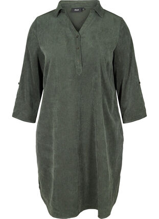 Aksamitna sukienka z 3/4-length rekawami i guzikami, Deep Forest, Packshot image number 0