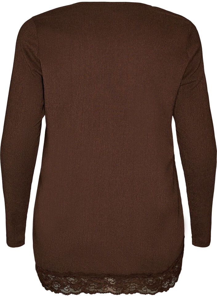 Bluzka z jerseyu z asymetrycznym wykonczeniem koronkowym, Brązowy, Packshot image number 1