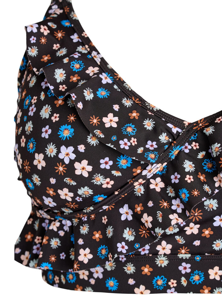 Kwiatowy stanik bikini z falbankami, Brązowy, Packshot image number 2
