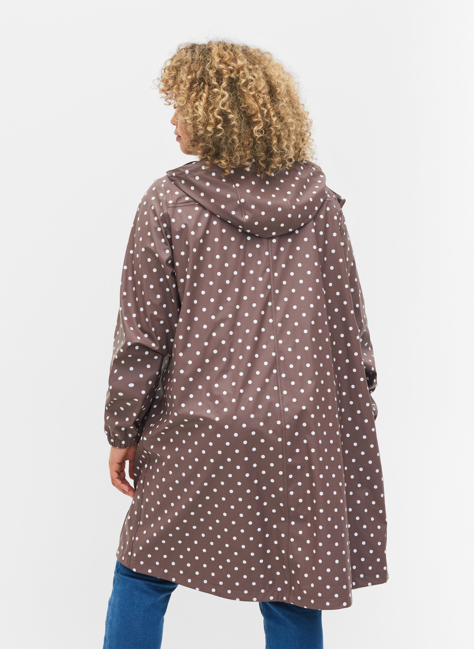 Zizzi Hooded polka dot rain jacket, Iron W/White dot, Model image number 1
