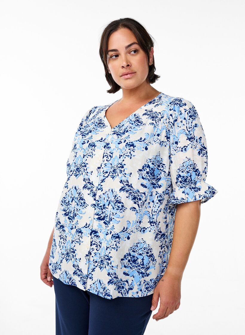 Bluzka koszulowa z p&oacute;ldlugimi rekawami, Beżowy, Model image number 0