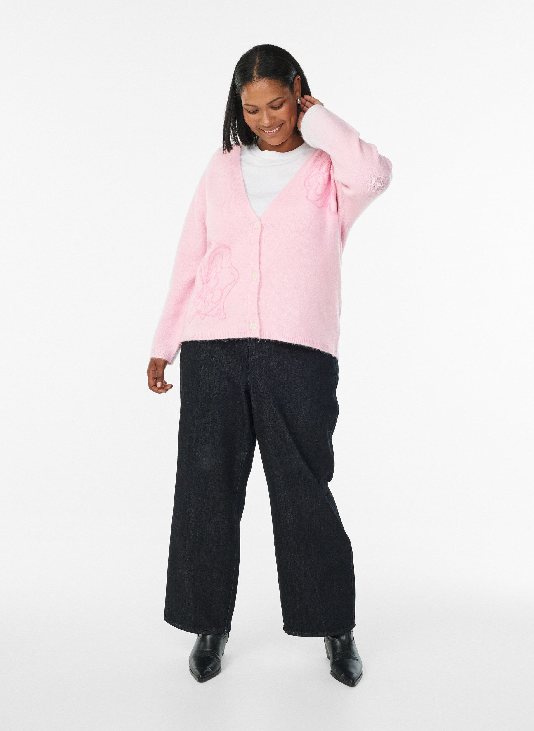 Zizzi Kardigan z dekoltem w szpic i haftowanymi kwiatami, R&oacute;żowy, Model image number 1