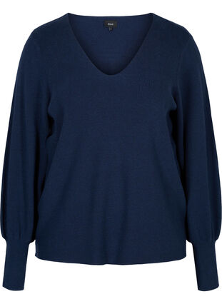 Knitted blouse with v-neck and puff sleeves, Navy Blazer, Packshot image number 0