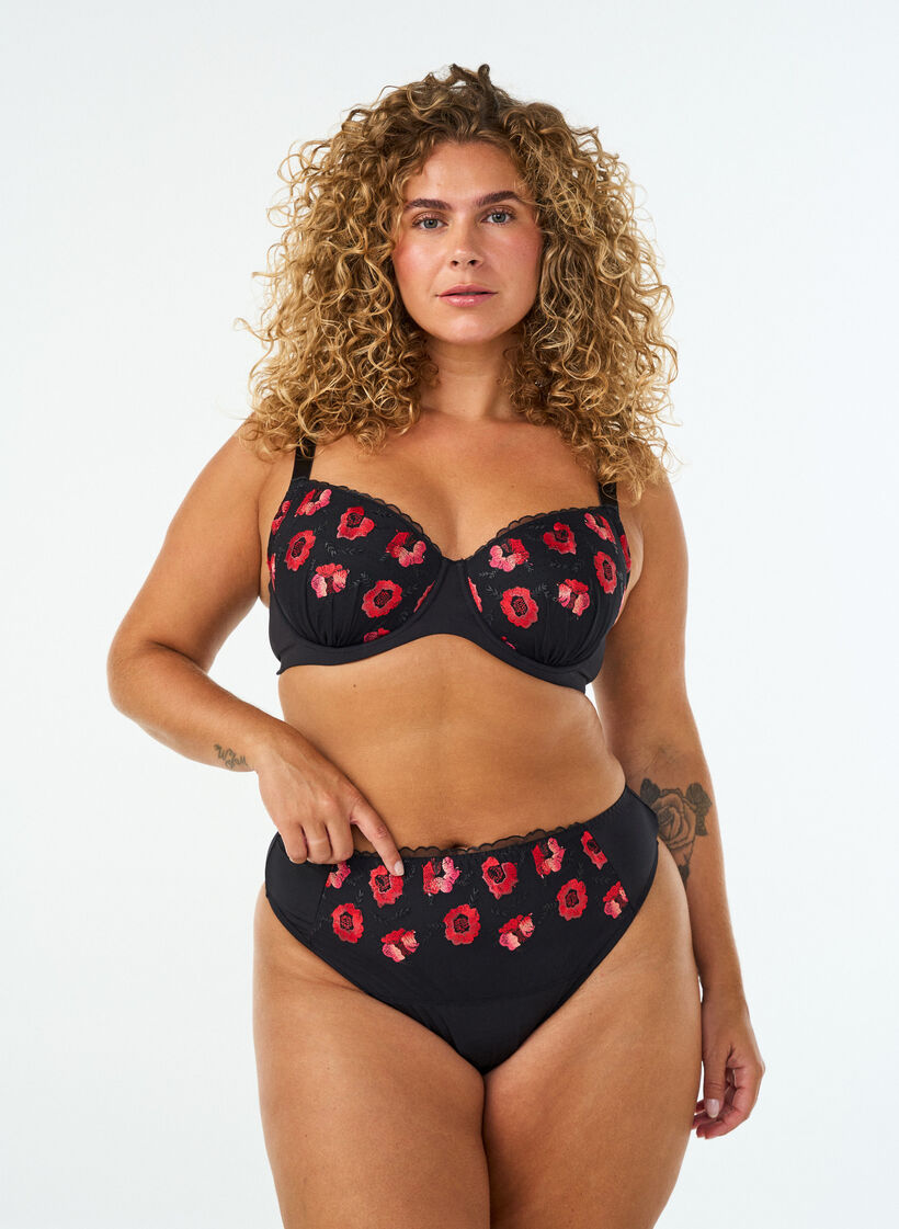 Stringi z mikrofibry z kwiatowym haftem, Czarne, Model image number 0