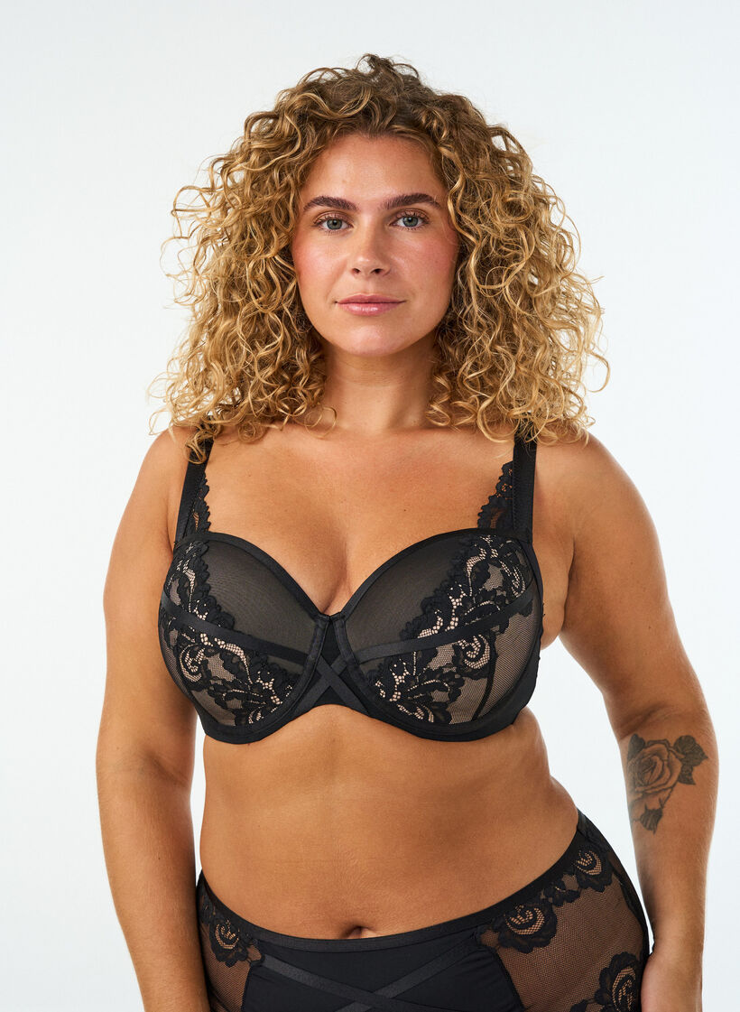 Modelowany biustonosz na fiszbinach z kwiatowa koronka, Czarne, Model image number 0
