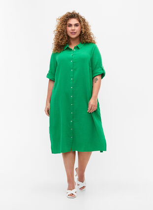 Bawelniana sukienka koszulowa z krótkimi rekawami, Bright Green, Model image number 2