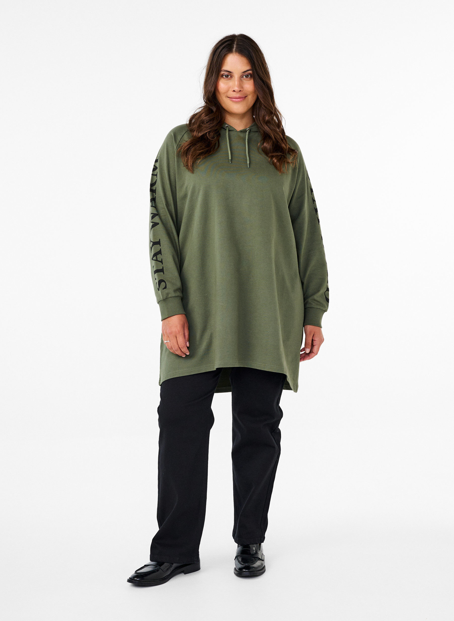 Zizzi Bluza oversize z nadrukiem na rekawach, Thyme w. Black, Model image number 2